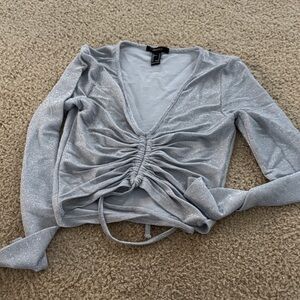 Forever 21 Silver Glitter Ruched V-Neck Long Sleeve Top